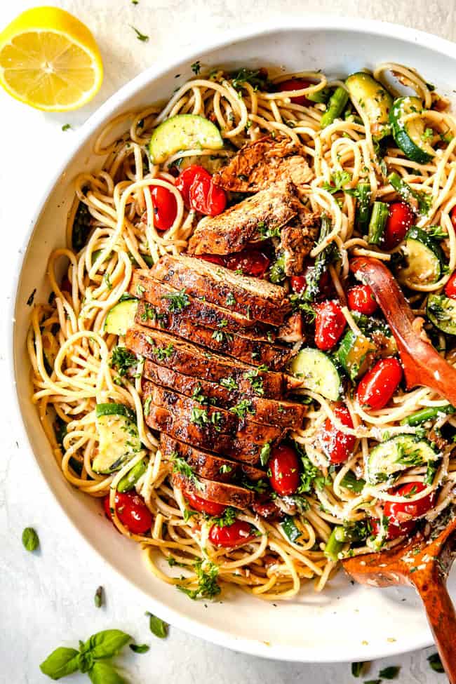 serving bowl of lemon garlic chicken pasta