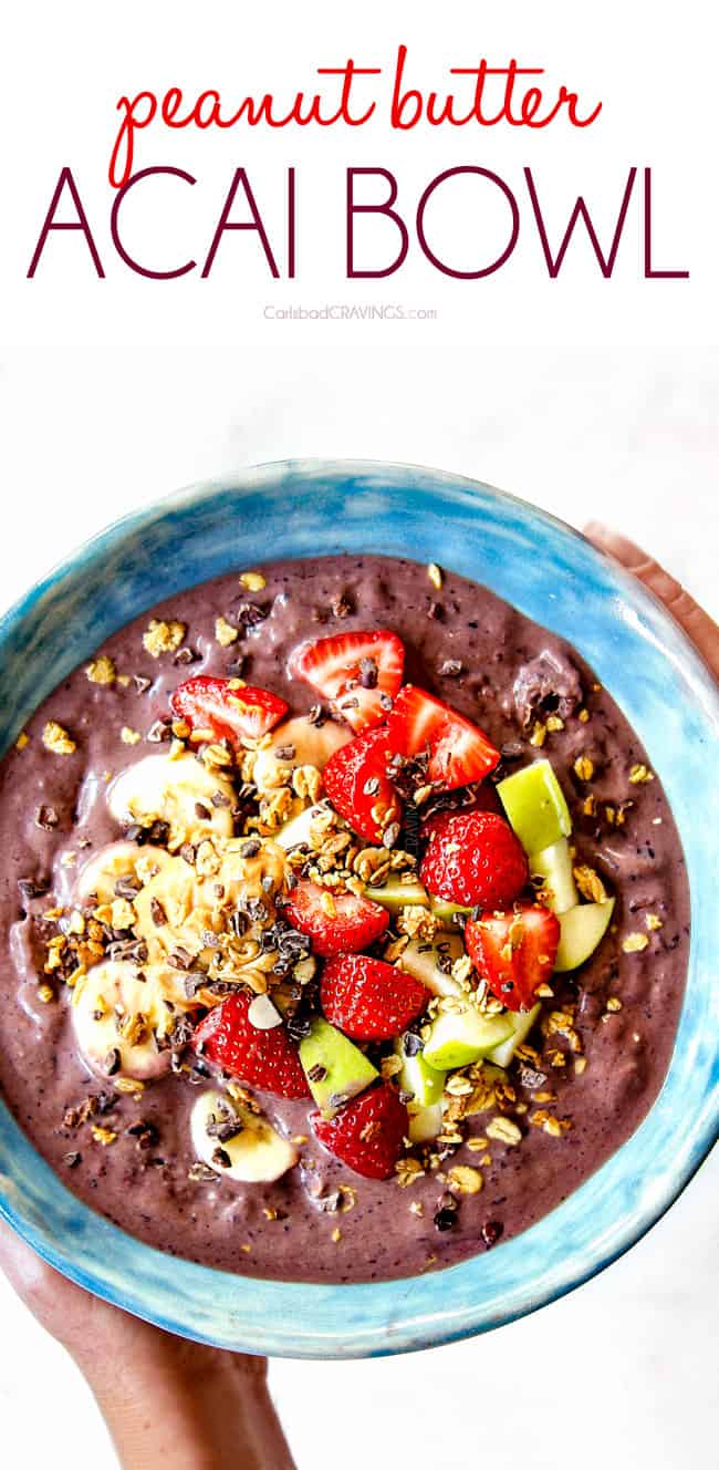 top view of holding peanut butter homemade acai bowl