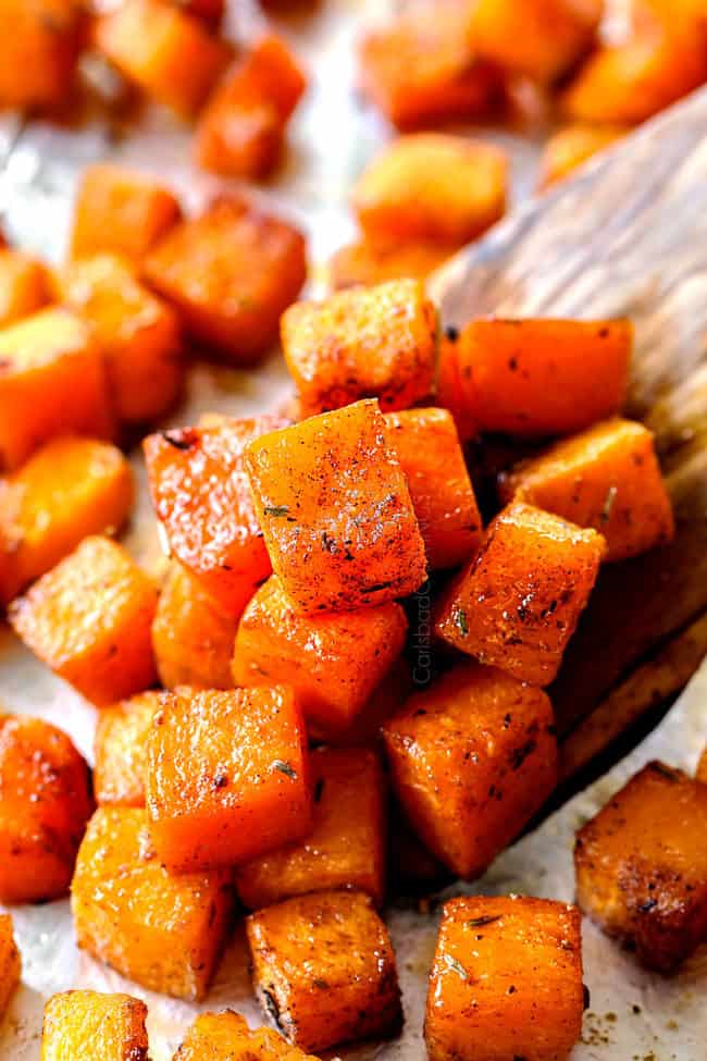 up close of roasted butternut squash cubes