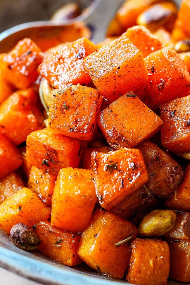 up close of butternut squash with brown sugar in a bowl