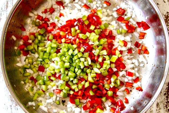 showing how to make crock-pot chili recipe by sauteeing onions, bell peppers and garlic