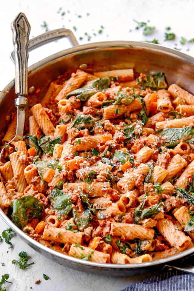 a skillet of easy rigatoni pasta with Parmesan