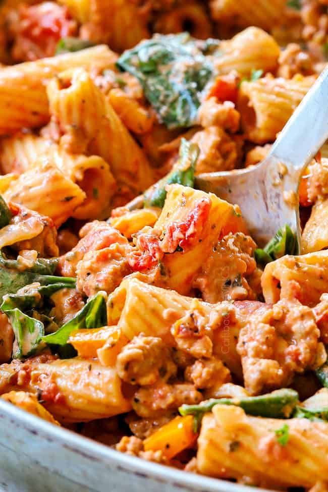up close of rigatoni with meat sauce