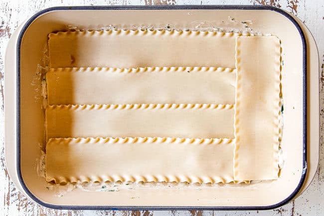 showing how to make spinach chicken lasagna by layering a 9x13 with 5 lasagna noodlees