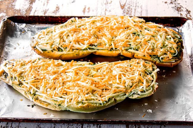 showing how to make cheesy garlic bread by topping bread with cheese mixture