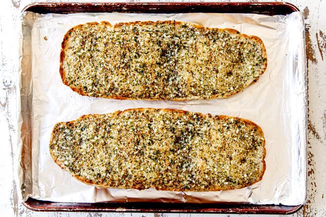 showing how to make garlic bread by baking in the oven until golden