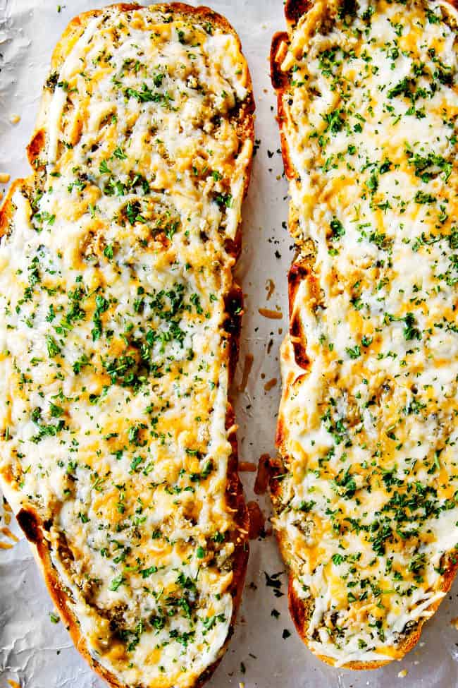 showing how to make cheesy garlic bread by baking in the oven