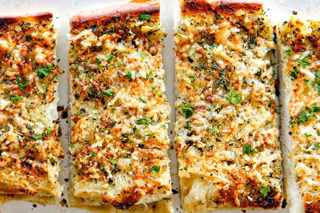 showing how to make cheese garlic bread by baking until golden