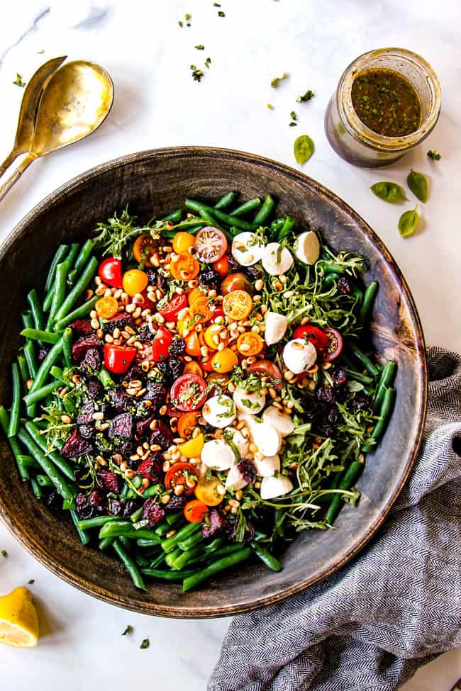 top view showing ingredients cold green bean salad recipe