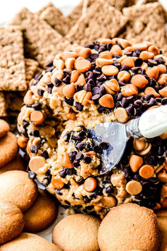 up close showing how to serve top view of peanut butter balls recipe by scooping out the ball