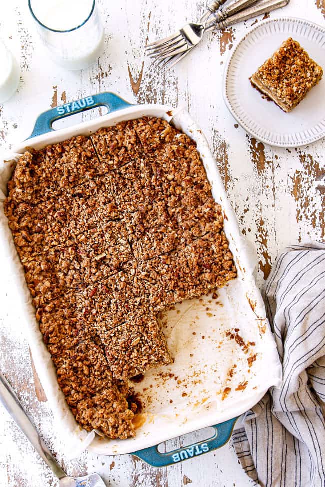 top view of gluten free pumpkin cheesecake bars in a 9x13 baking dish