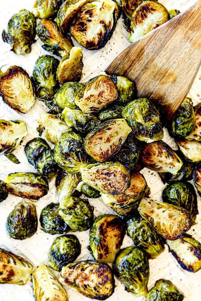 top view of how to roast Brussels Sprouts on a baking sheet