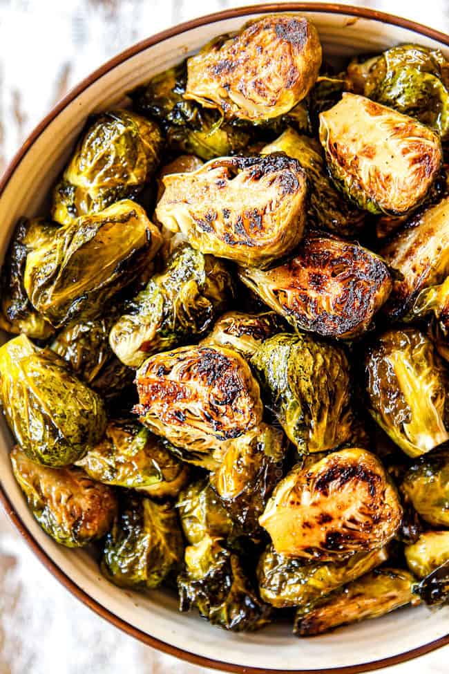 up close top view of Brussels Sprouts in oven