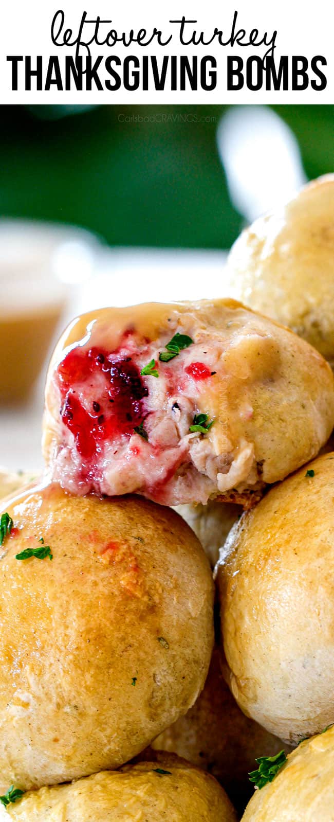 up close of a leftover turkey dinner bomb bitten into