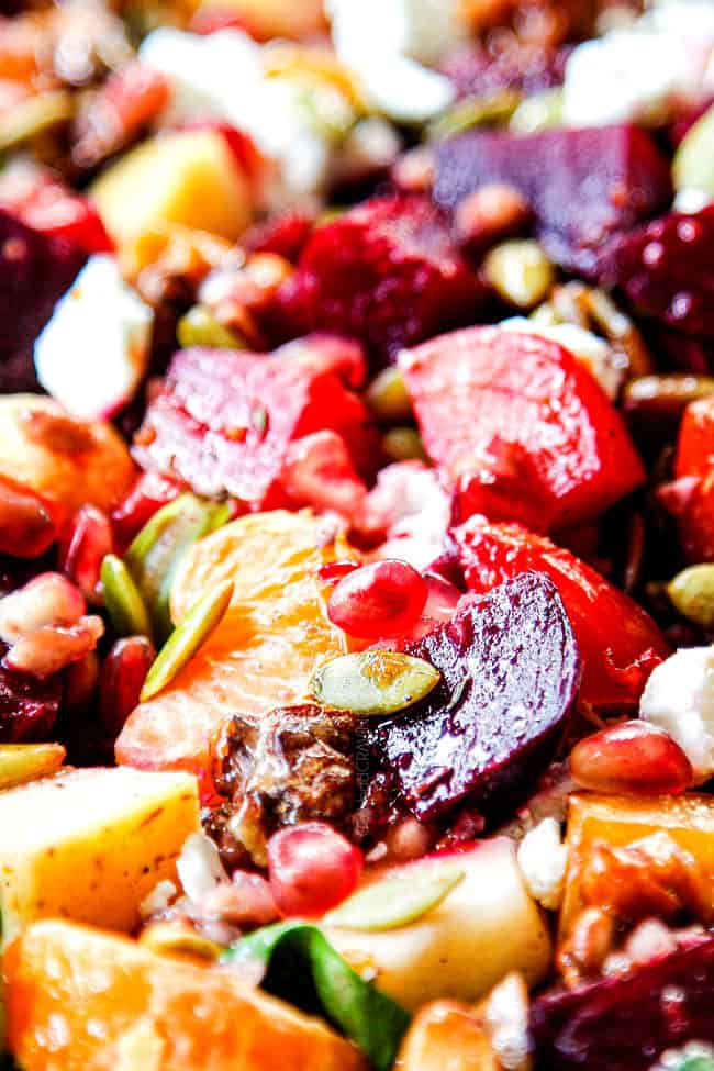 up close of roasted beet salad recipe with beet dressing