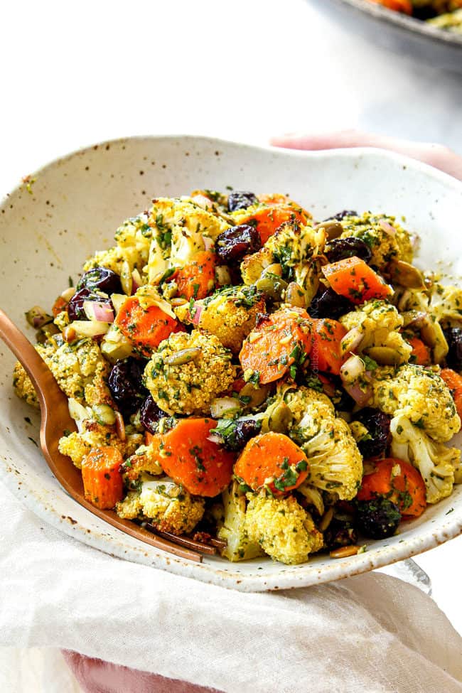 side view of a bowl of roasted Cauliflower Salad