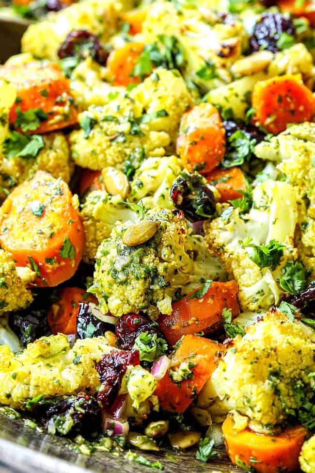 up close of roasted Cauliflower Salad garnished by parsley
