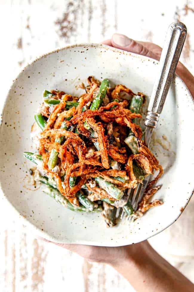 showing how to serve best green casserole from scratch on a plate