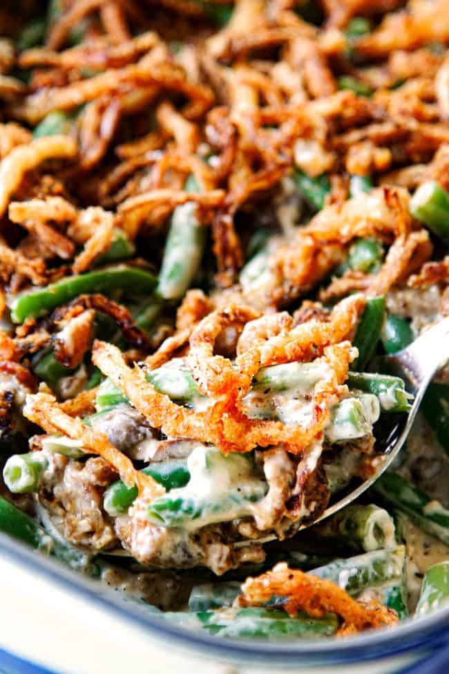 up close of a spoonful of easy green bean casserole