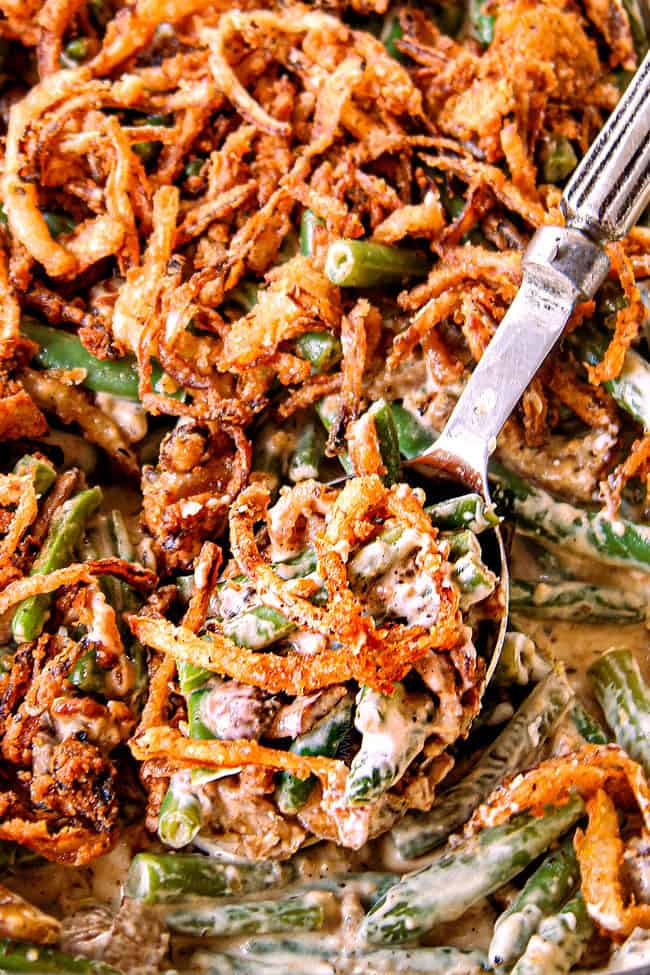 up close of a spoonful of best green bean casserole