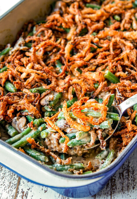 up close of a spoonful of easy green bean casserole
