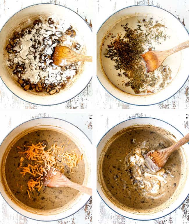 a collage with four pictures showing how to make green bean casserole: 1) cooking mushrooms with flour, 2) adding chicken broth, heavy cream and spices, 3) melting cheese in mushroom sauce 4) stirring in sour cream into mushroom sauce