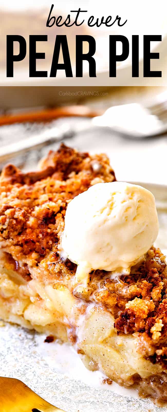 up close of pear pie recipe with custarad