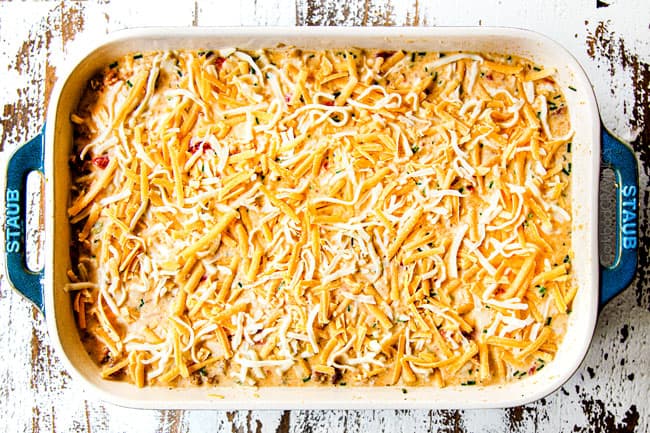 showing how to make overnight breakfast casserole by topping casserole with cheese