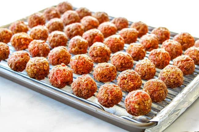 showing how to make best cocktail meatball recipe by lining meatballs on a baking rack without touching