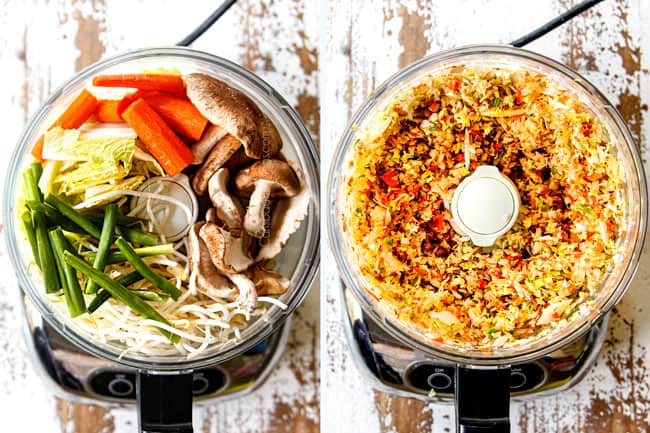 showing how to make egg rolls by chopping vegetables in food processor