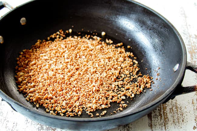 showing how to make jalapeno poppers by browning panko topping in butter in a skillet