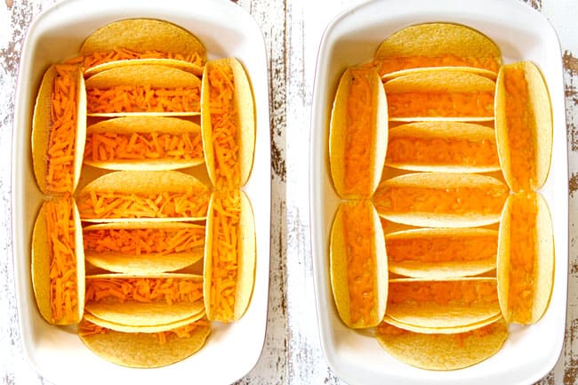 showing how to make ground beef tacos by adding cheese to taco shells