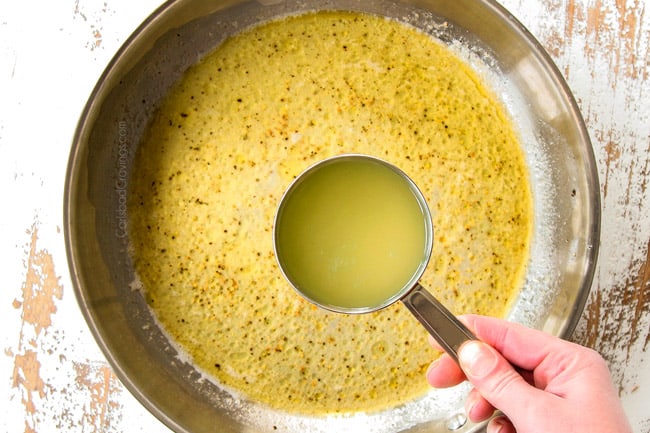 showing how to make Cacio e Pepe by adding starchy reserved pasta water to the butter and pepper in a skillet