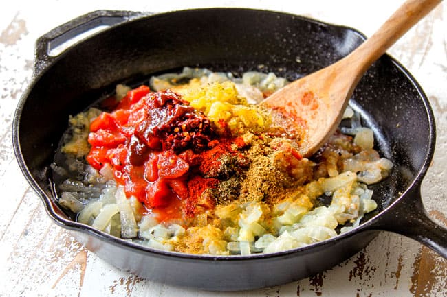 showing how to make chicken tinga by adding chipotle chile peppers in adobe, green chiles, cumin and oregano