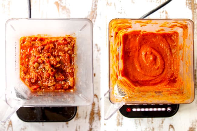 showing how to make chicken tinga by blending tinga sauce in a blender until smooth