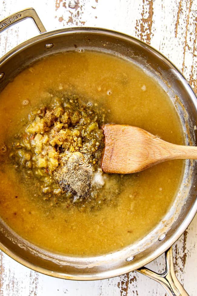 showing how to make easy chicken enchilada casserole recipe by adding green chilies and salsa verde to chicken broth