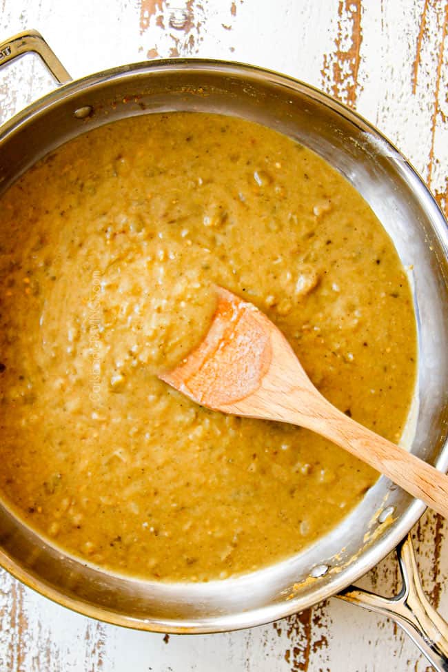 showing how to make layered chicken enchilada casserole recipe by simmering enchilada sauce until thickened