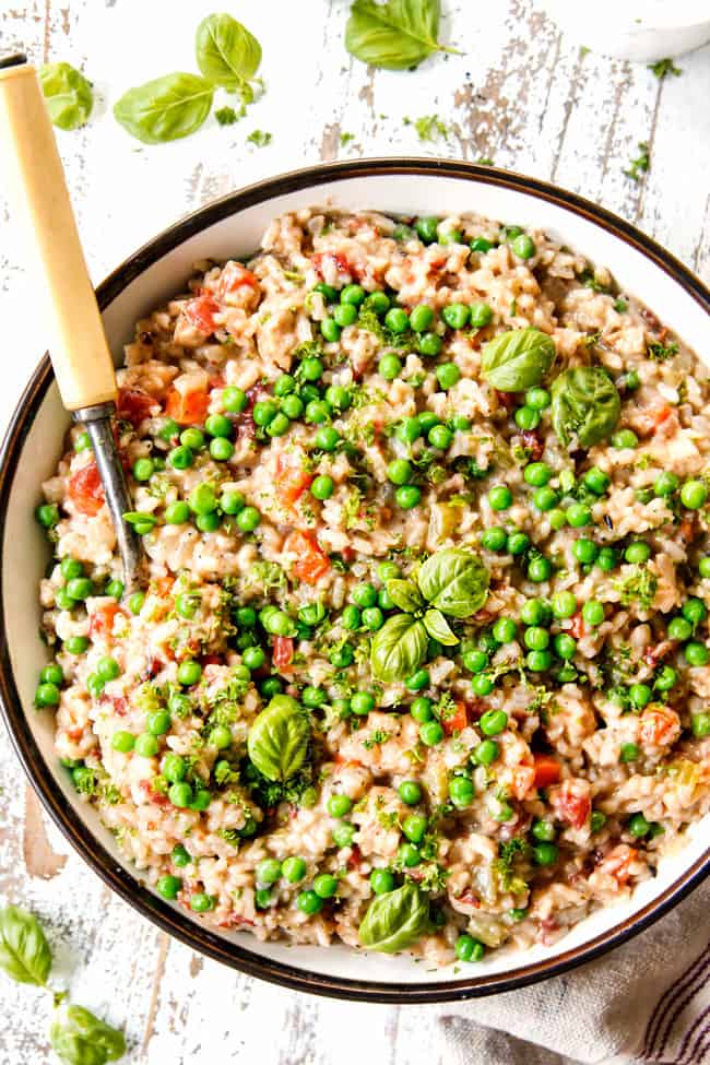 Top view showing how to serve Creamy Chicken and Rice by garnishing with parsley
