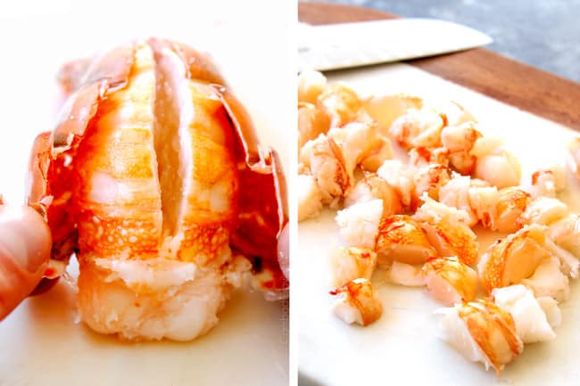 a collage showing showing how to make lobster bisque by pulling shell off lobster tails with fingers hen chopping lobster meat into bite size pieces