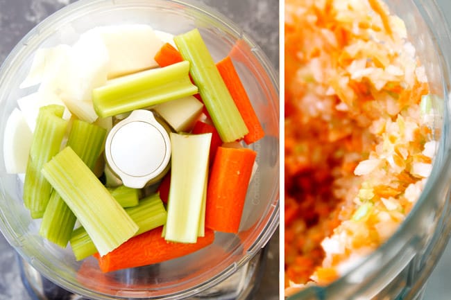 showing how to make lobster bisque by chopping onions, celery and carrots with food processor