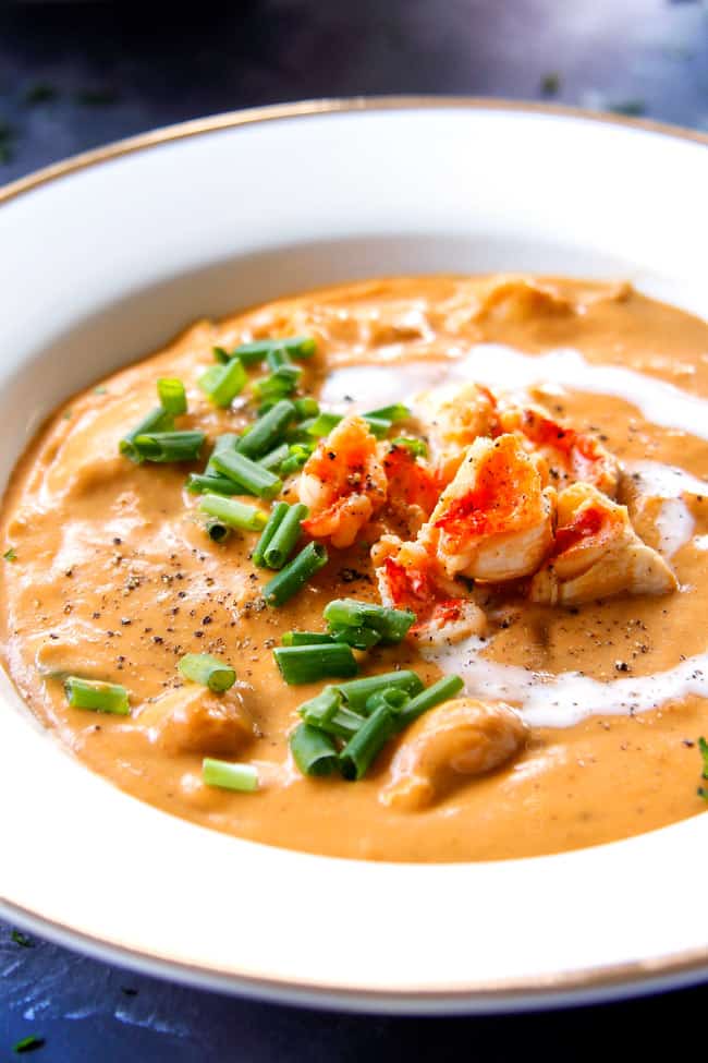 up close of lobster bisque recipe in a white bowl