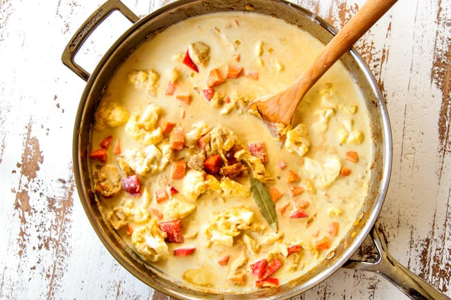 showing how to make green curry recipe by adding coconut milk, fish sauce, lime juice, soy sauce and basil