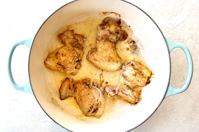 showing how to make chicken stew recipe by searing chicken thighs