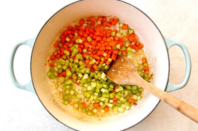 showing how to make chicken and rice soup by sauteing onions, celery and carrots