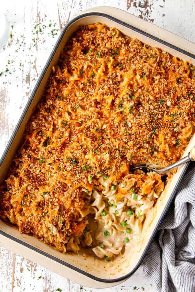 top view of Tuna Noodle Casserole in a 9x13 pan topped with crispy panko