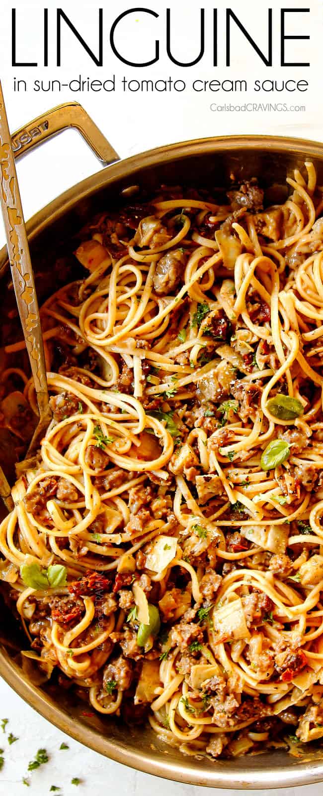 showing how to garnish linguine pasta by topping a skillet with Parmesan and parsley