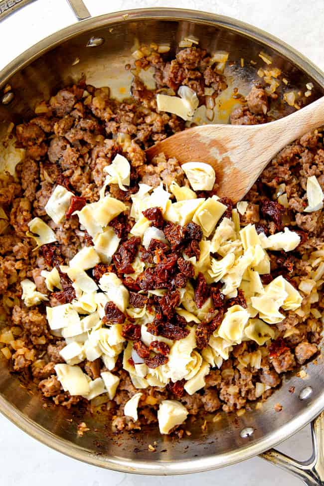 showing how to cook linguine by adding artichokes and sun dried tomatoes