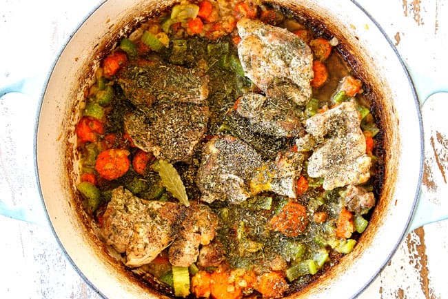 showing how to make easy chicken and dumplings recipe by adding seasonings and chicken broth