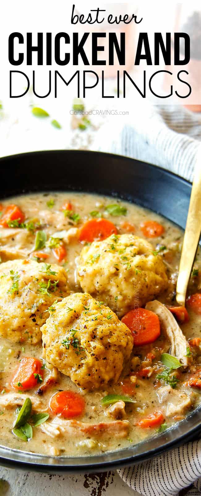 showing how fluffy dumplings are with an up close shot of dumplings in a bowl of soup