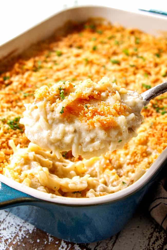 showing the crunchy corn flakes topping with an up close scoop of easy hashbrown casserole